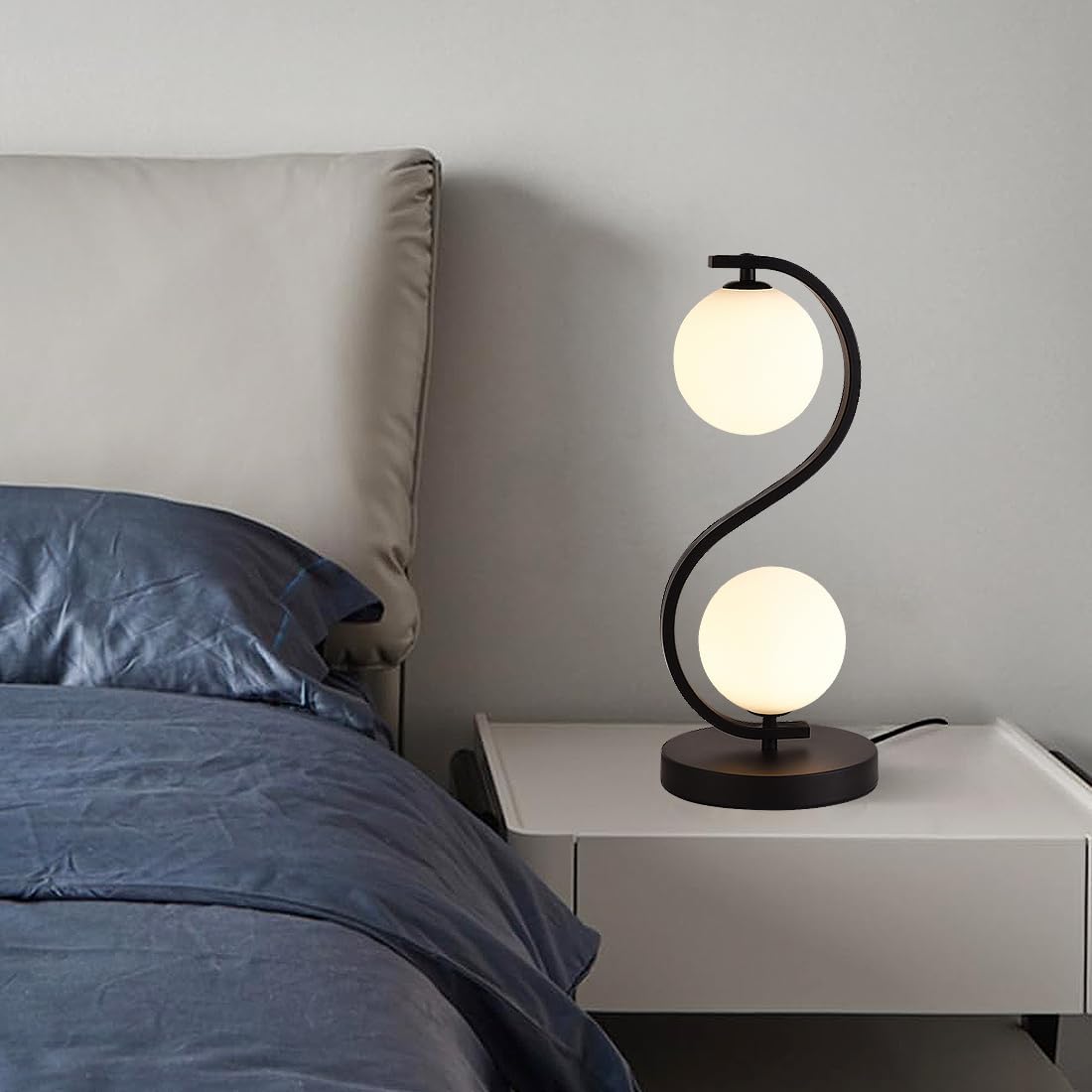Modern Black S-Shaped Table Lamp 2-Lights Globe Glass Desk Lamp Plug in Metal 3 Color Temperatures Bedside Light Fixtures for Bedroom Living Room Office Study Corner
