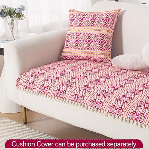 Image of HOKIPO L Shape (2+2 Seater) Sofa Cover Seat Mat | 300 GSM Cotton Acrylic Jacquard Fabric with Tassel, 'Trivana Series' Cherry Red (IN-934+935-J8)