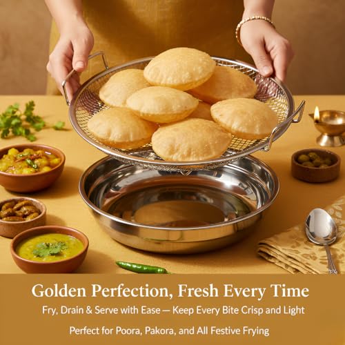 Image of Stainless Steel Oil Filter Tray with Mesh Basket for Frying Pakoda Fries Chicken Fish Oil Strainer Removes Excess Oil for Crispy Non Greasy Food Healthy Cooking Kitchen Essential for Home
