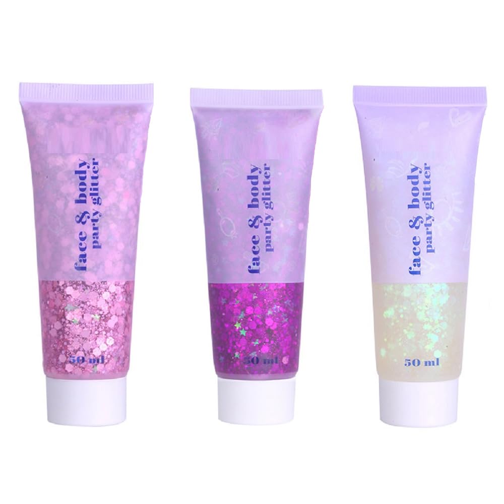 3 Color Face Glitter Gel, Body Glitter, Neon Outfit Glow Party for Women Body Face Nail Hair Glitter Makeup. (03#Pink+04#Fuchsia+06#White)