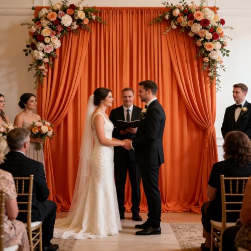 Image of 10ft x 10ft Orange Backdrop Curtains for Parties, Polyester Fabric Backdrop Drapes with Rod Pockets for Weddings, Birthday, Halloween, Photography, Christmas Party Background Curtain, 2 Panels