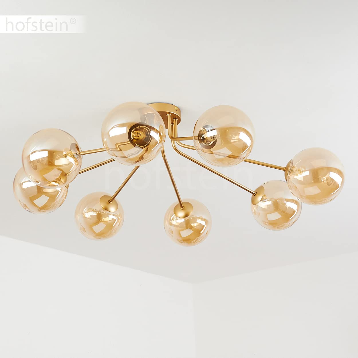 Lampada da soffitto Alden, lampada da soffitto a 8 luci in metallo/vetro in ottone/champagne, lampada moderna con paralumi in vetro (Ø 15 cm) dal design vintage, 8 x G9, senza lampadina/e