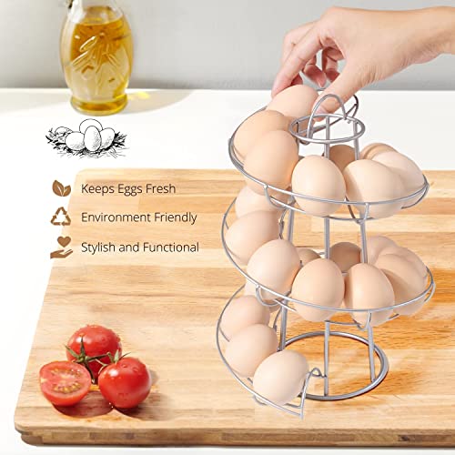Flexzion Egg Skelter Modern Spiral Egg Holder Countertop (Medium Egg Display) - Freestanding Wired Countertop Egg Holder For Fresh Eggs, Dispenser Stand, Storage Rack For Kitchen, Silver #TOP1