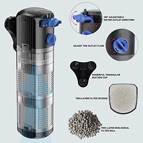 Yochaqute Aquarium Fish Tank Filter: 8W Internal Filter Pump For 40-120 Gallon Salt Water | Fresh Water | Coral Tank | Turtle Tank With 2 Stages Filtration & Strong Suction Cups #TOP1
