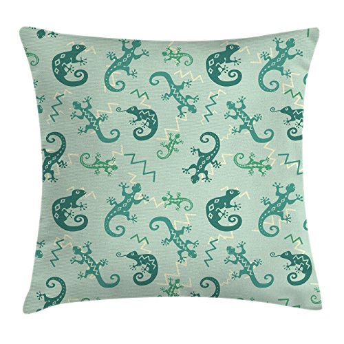 Ambesonne Reptile Throw Pillow Cushion Cover, Exotic Lizards Chameleons Leaping Illustration Nature Reptiles, Decorative Square Accent Pillow Case, 40" X 40", Green Mint #TOP25