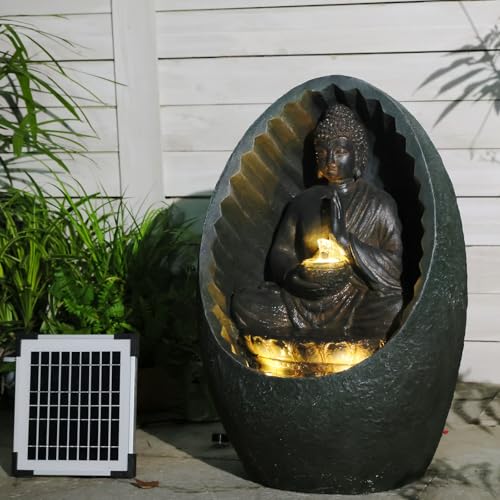 Tankana Solar Water Fountain Outdoor Half-Encased Egg-Shaped Buddha Garden Fountains with Light Pump Solar Panel, Tranquil Relaxing Water Feature for Home Garden Patio Yard Balcony, Black