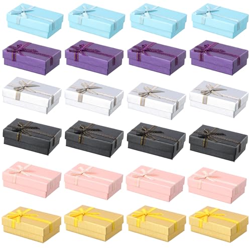 Amexo 24PCS Petit Boite Cadeau, Boite Bijoux Cadeau rectangle, Ecrin Bijoux avec Nœud, Coffrets Cadeaux Bague Vide, Couvercle Boîtes Cadeaux pour Pendentif, Boucle d'oreille, Collier Bague 8cm*5cm*3cm