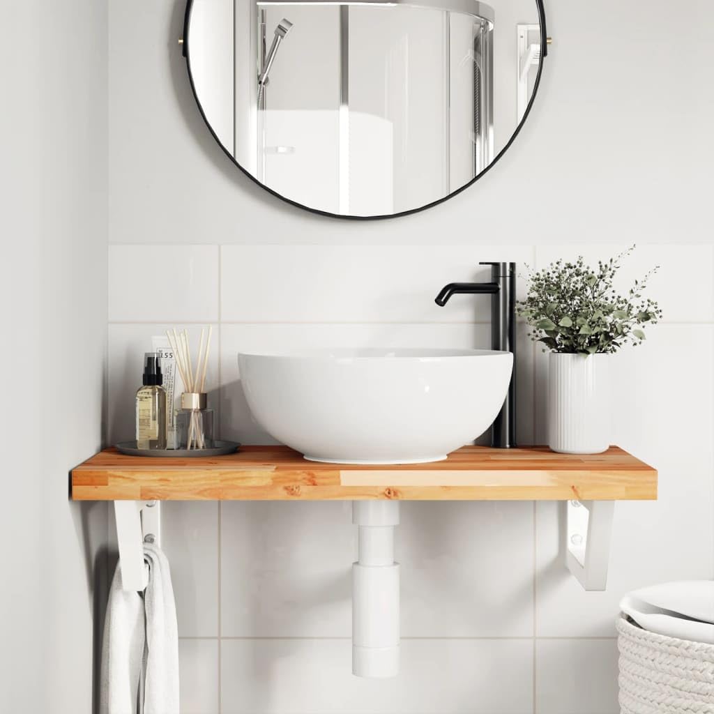 Scaffale per lavandino, montaggio a parete, in acciaio e legno di acacia massiccio, 100 x 40 cm, con supporti trapezoidali per bagno, salvaspazio, robusto, spazio per riporre e tenere in