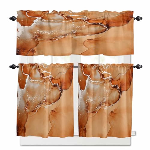 Marble Burnt Orange Kitchen Curtains 36 Inch Length,3 Piece Rod Pocket Small Half Tiers and Valance Set,Modern Abstract Ink Painting Luxury Small Large Window Treatment Decor for Bedroom/Bathroom