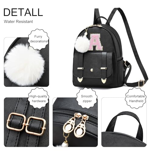 Image of Initial Cute Mini Backpack, Small Backpack Purse for Women Personalized Letter Style Small Leather Backpack Pompom Back Pack Shoulder Bag for Gifts, Travel - White (Letter M)