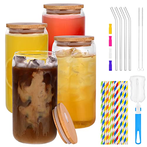 Naeety Glass Cups with Bamboo Lids and Glass Straw, Drinking Glasses Set of 4 - 16 Oz Beer Can Shaped Glass Cups, Iced Coffee Glasses, Tumbler Cup for Smoothie, Cocktail, Whiskey - 3 Cleaning Brushes