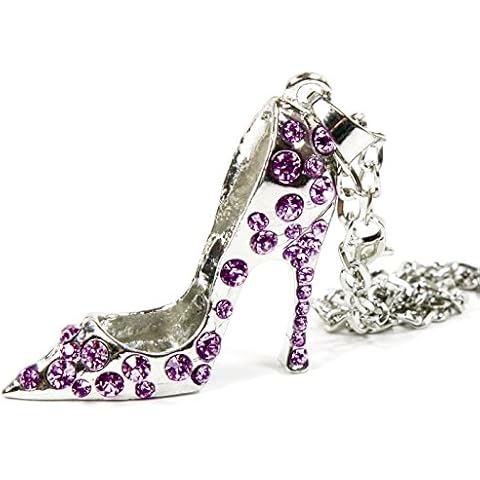 Silver Bling High Heel Shoe Mirror Car Charm Hanger Ornament Purple Rhinestones w Chain Cover