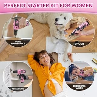 Pink Household Power Tool Combo for Women(3-Tool), 12V Lightweight Cordless Drill with Battery x2, Impact Driver and Rotary Tool Kit-Home Tool Kit for DIY, Home Improvement