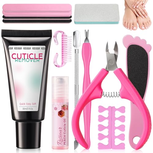 Cuticle Remover Kit: 13Pcs Manicure Pedicure Kit with Cuticle Remover Cream & Oil, Cuticle Trimmer, Cuticle Pusher, Foot File, Nail File and Buffer Set, Perfect for Women’s Home & Salon Nail Care Prep