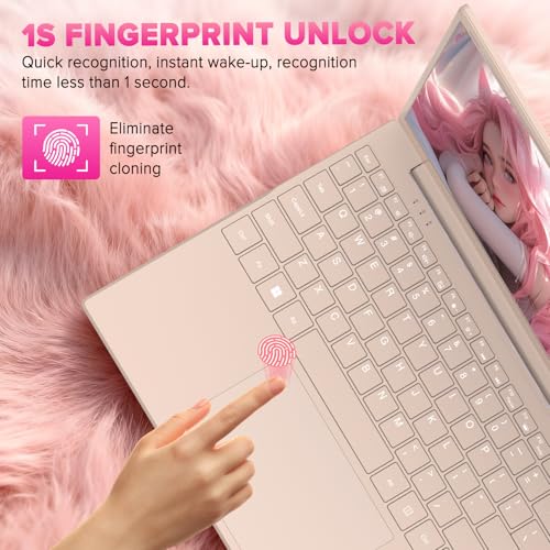 Image of Auusda Lightweight Portable Pink Laptop, 4C4T-Processor, 15.6 inch FHD IPS, Backlit Keyboard, Privacy Camera, Fingerprint Reader, Win 11 Pro, USB 3.0, HDMI, for Business Work Study, 8GB RAM 128GB NVMe SSD
