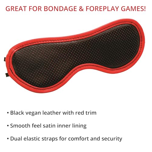 Image of Adam & Eve Scarlet Couture Obey Me Blindfold, Soft Padded Eye Mask with Satin Lining, Dual Elastic Straps for Secure Fit, Vegan Leather with Red Trim, Sensory Deprivation for Bondage and Couples Play