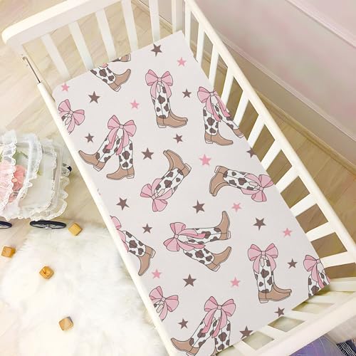 Image of Bows Cowgirl Boots Western Crib Sheets Soft Breathable Fitted Baby Crib Sheets Mattress Cover for Girl Boys, 52 inch x 28 inch x 9 inch