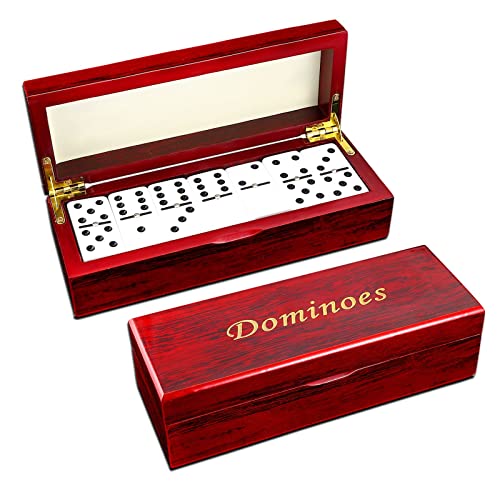 Dominoes Set Double 6 Dominos Game in Solid Wood Box - 28 Tiles with Spinner Game Set