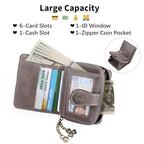 Image of Small Wallet for Women Leather Bifold Compact RFID Blocking with Zipper Coin Pocket