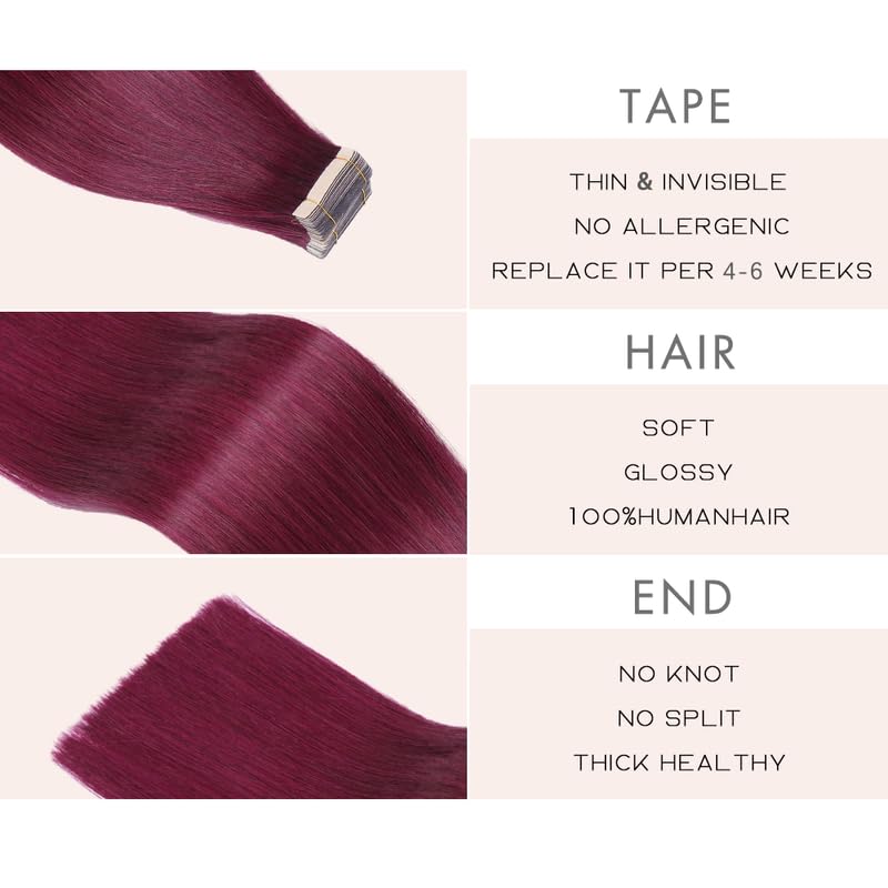 Image of Wine Red 99J 24 Inch Tape in Hair Extensions Human Hair Burgundy Tape in Human Hair Invisible Double Sided Seamless Skin Weft Hair (#A99J,24 Inch)