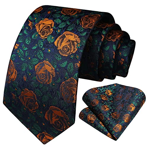Image of HISDERN Men Floral Ties Woven Classic 3.4 inch Necktie Set Formal Tie Pocket Square for Wedding with Handkerchief Gift Box