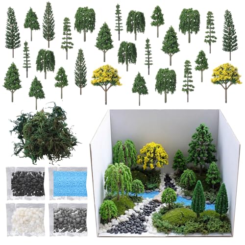 MiniInflat 34 Pcs Diorama Supplies Kit Artificial Model Trees Rainforest Scenery Faux Green Moss Decor Decorative Sand Stone Grass Moss Box Scenery Basing Material Kit for School DIY Craft