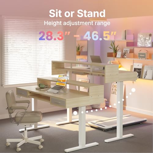 Image of HUANUO 55″ x 26″ Electric Standing Desk with 2 Drawers &24.4″ Large Keyboard Tray, C-Clamp Mount Compatible, Adjustable Computer Desk for Office, Sit Stand Up Desk with 4 Height Presets, Light Walnut