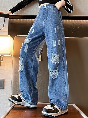 iiniim Big Kids Girls' Casual Wide Leg Baggy Ripped Jeans Youth Cool Loose Fit Distressed Star Printed Denim Pants2