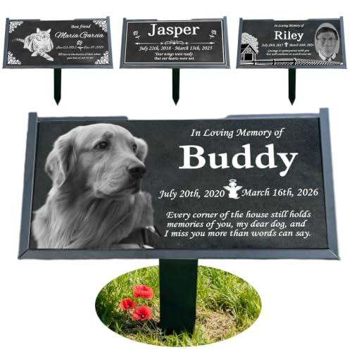 Yibairui Gedenkstein aus schwarzem Granit für verstorbene Hunde oder Katzen gravierter Grabstein für den Garten Grabmarkierung für den Außenbereich mit Eisenständer (plaques 1)