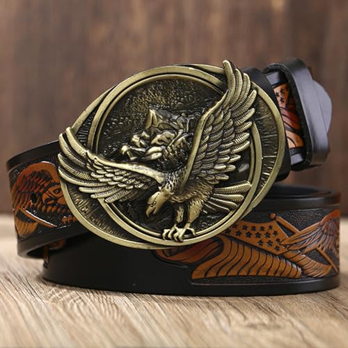 Men's Western Genuine Leather Belt - Engraved Fly Eagle Brass Oval Buckle2