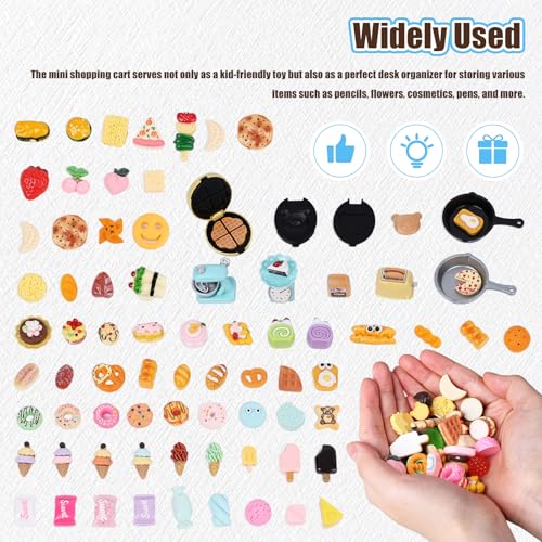 Shindel 173PCS Mini Shopping Cart Pretend Play Set, Supermarket Metal Handcart Toys Miniature Food Drink for Gift Birthday Boys Girls