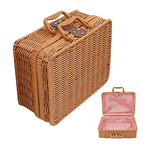 Retro Plastic Wicker Suitcase, Rattan Suitcase Box with Leather Strap Lock Travel Camping Picnic Outdoor Storage Box Picnic Basket for Cosmetic Storage or Camping Picnics, 26cm