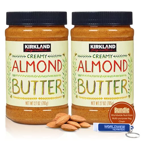 Worldwide Nutrition Bundle, Compatible with Kirkland Pure Creamy Smooth Almond Butter, Made from Roasted Almond, 2 pack of Kirkland Almond Butter and Multi-Purpose Key Chain