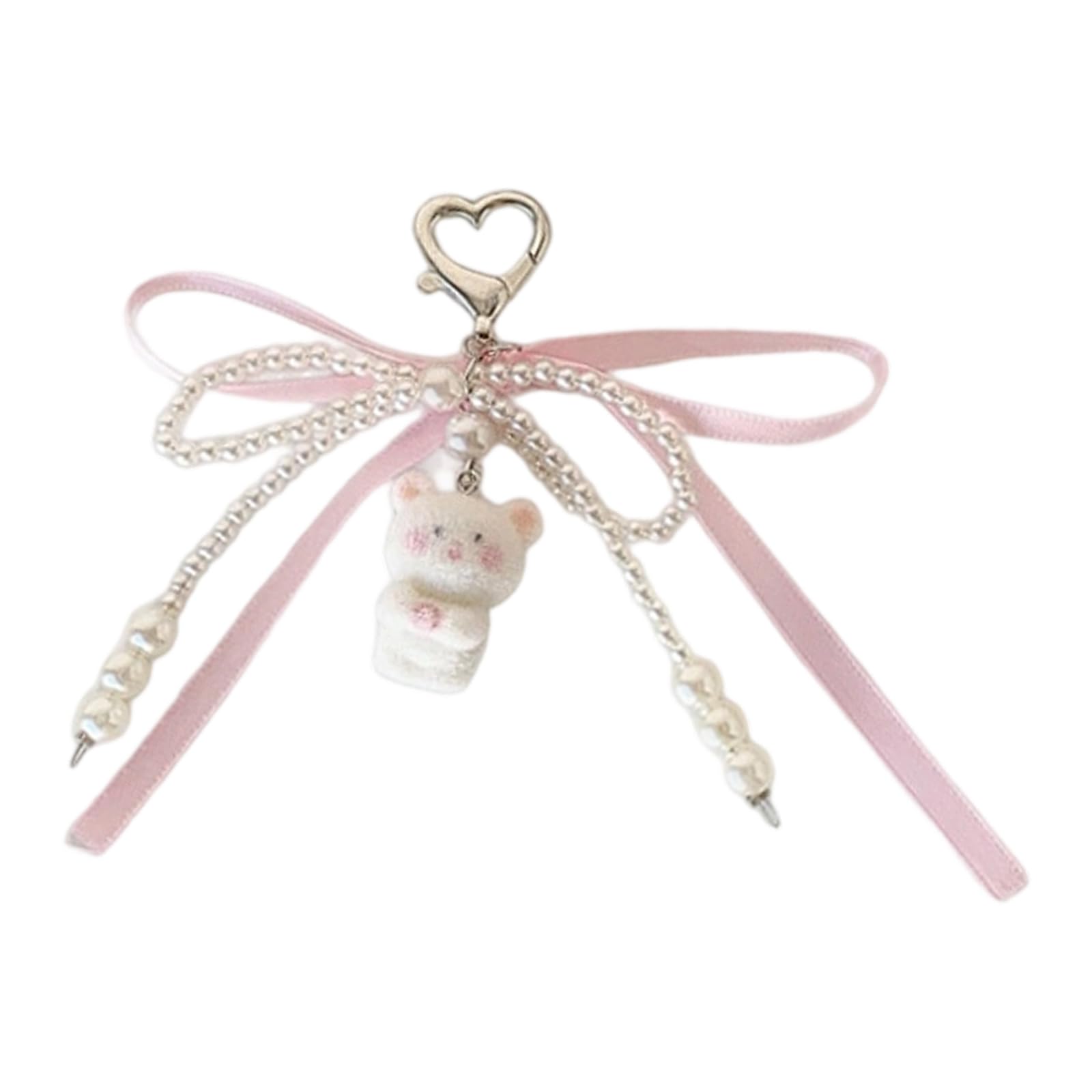 OSNIYAW Pearls Bowknot Bear Rings Flocking Design Animal Pendant Keychain Elegant Bag Carabiner Decoration Imitation Pearls Bear Keychain with Bowknot