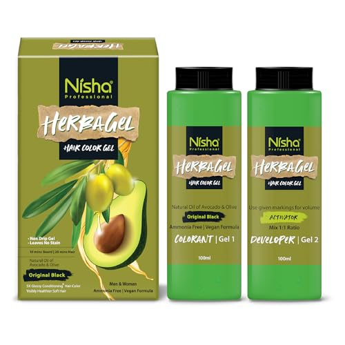 Image of Nisha Herba Care Hair Colour & Beard Colour Gel 200ml (100ml Colorant + 100ml Developer), Original Black, 100% Grey Coverage, No-Ammonia, Long Lasting, Professional Dye for Men & Women, Vegan, No Parabens