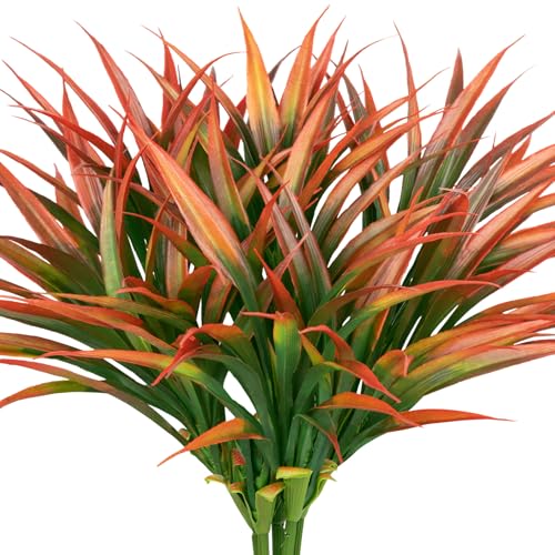 Ouddy Decor 20 Pcs Fake Fall Outdoor Plants Artificial Grass Fall Stems Faux Plastic Plants UV Resistant for Autumn Indoor Outside Garden Hanging Planter Porch Patio Window Box Home Decor, Orange