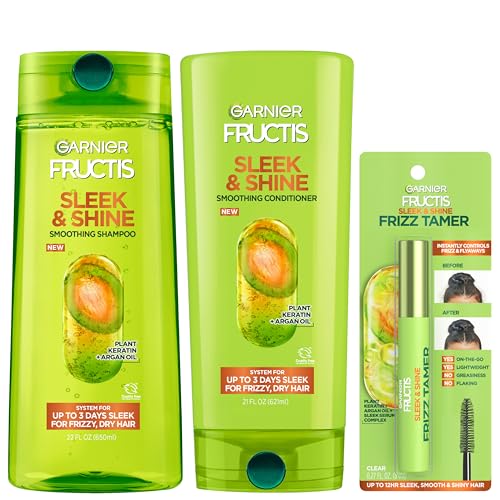 Garnier Fructis Sleek & Shine Shampoo (22 Fl Oz), Conditioner (21 Fl Oz) + Frizz Tamer (0.28 Fl Oz) Set for Frizzy, Dry Hair, Plant Keratin (3 Items), 1 Kit (Packaging May Vary) - image 1