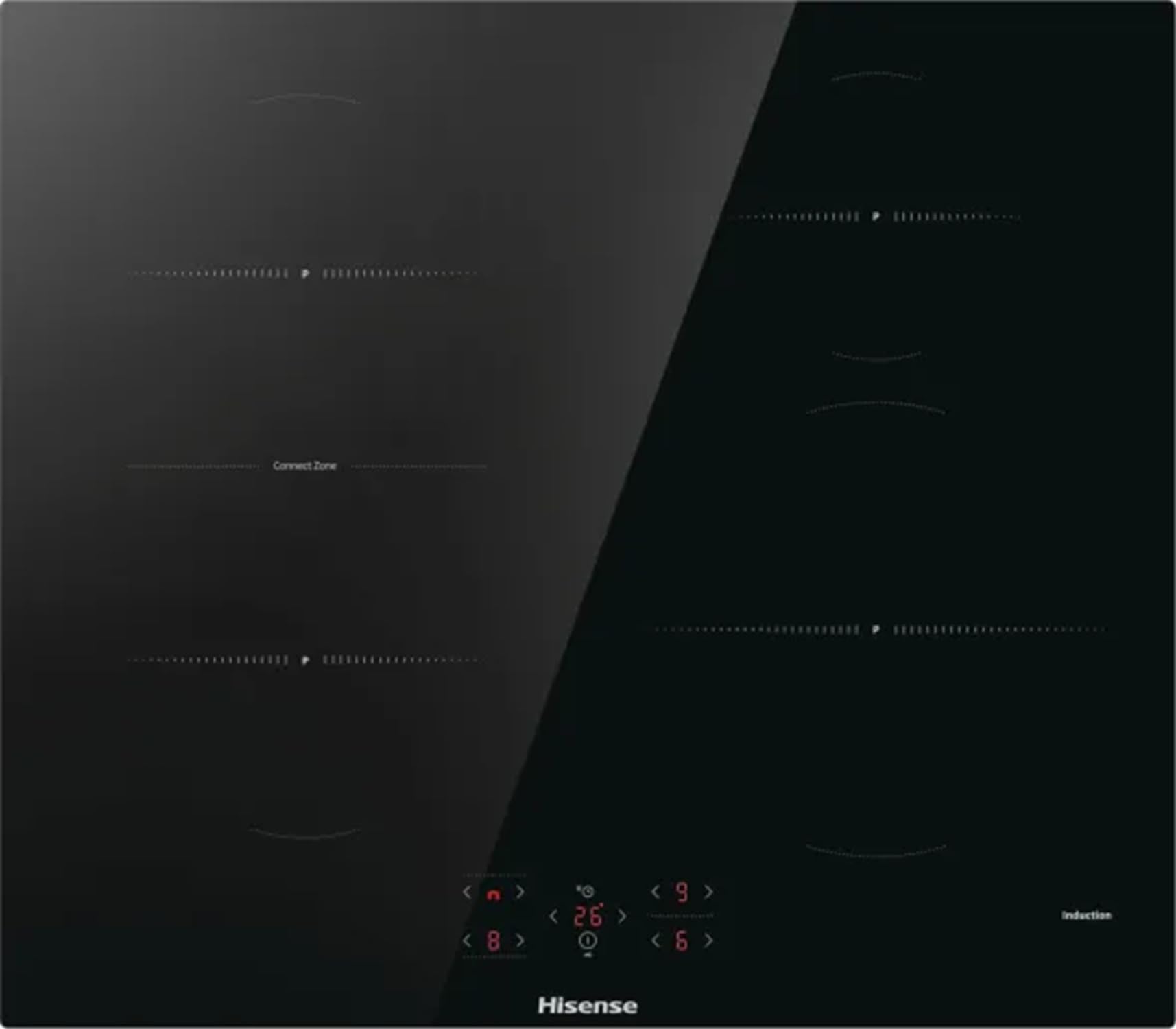 Hisense HI621FM Plaque de cuisson à induction 60 cm, 4 zones avec zone connectée, Power Boost, 7200 W, contrôle tactile, minuterie et indicateur de chaleur résiduelle, vitrocéramique, noir