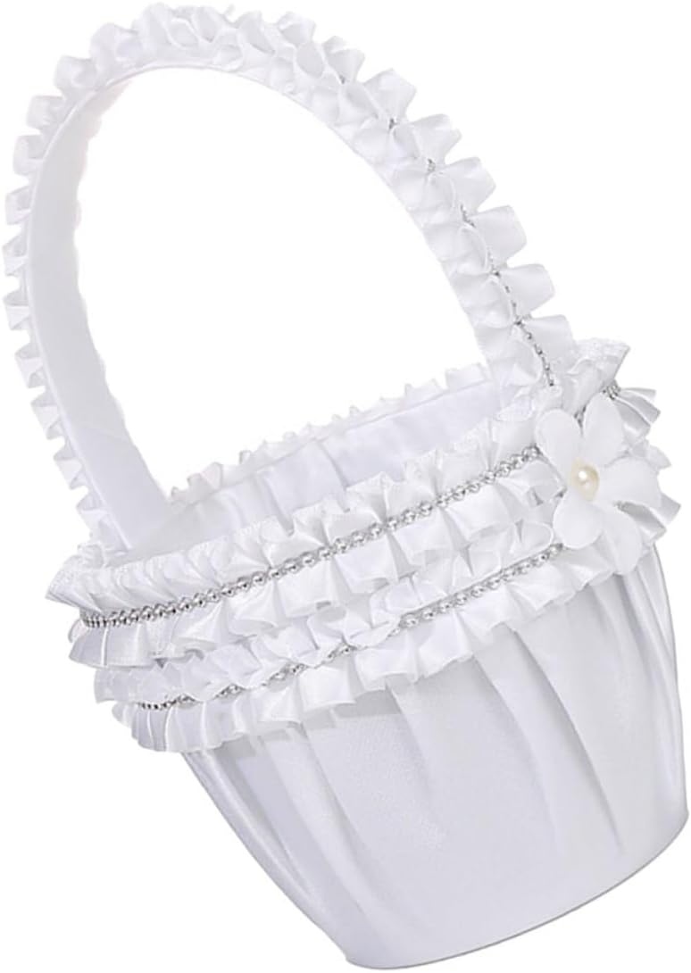 Pearl Lace Flower Girl Basket Small Wedding Ceremony Basket with Petal Holder for Wedding Party Supplies and Bridal Reception Decoration
