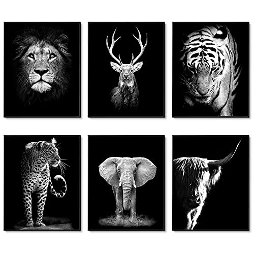 HoozGee - Lot de 6 impressions d'art mural noir et blanc - Motif animaux - Vache - Éléphant - Décoration murale sur toile pour décoration d'intérieur...
