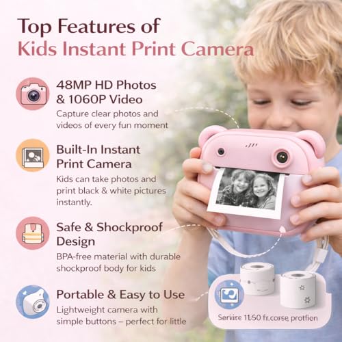 Image of Casaquin Camera for Kids with Print, Instant Print Digital Camera for Photography & Video, 2.4 inch Color Screen, Rechargeable Kids Camera with Games, Filters & 2 Paper Rolls -Random Color
