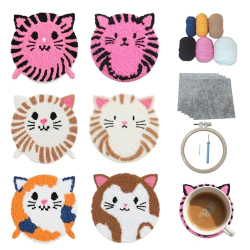Image of 57lilina 6pcs Coaster Punch Needle Kit for Beginners & Adults, Animal Cat | Complete Step-by-Step Guide Make Punch Stitching Embroidery Art Drink Coasters, Easy DIY Hobby Craft Set for Women Starter