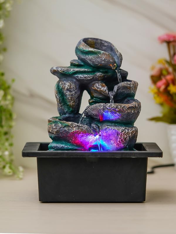 Image of Multicolor Polyresin Tabletop Designer 4 Step Indoor Water Fountain for Home Decor with LED, Speed Control Pump (Size: 21 x 18 x 26 CM | Weight: 940Gram)