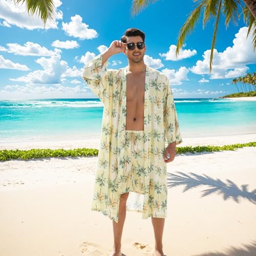 UMIMAN Men's lightweight robe 2 Piece Japanese Kimono Robe and Shorts Set Casual Belted Open Front Long Robe2
