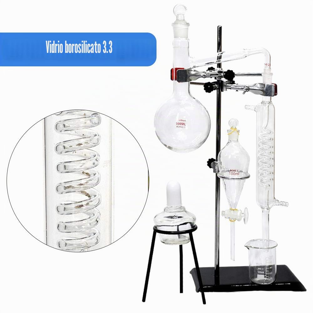 Equipo profesional de destilación de vapor de vidrio de 500 ml de química de vidrio de destilación de aceite esencial DIY Kit de laboratorio de cristalería con frasco engrosado condensador serpentina