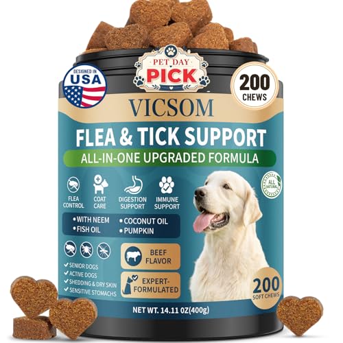 Flea and Tick Prevention for Dogs Chewable, 200 Soft Treats Natural Oral Dog Flea and Tick Treatment Chews Support Dog Skin & Digestive Supplement for Dogs Puppies All Breeds & Ages, Beef Flavor