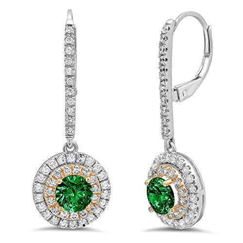 2.52 Ct Brilliant Round Cut Double Halo Solitaire Flawless Genuine Simulated Cz Green Emerald Gemstone Vvs1 Ideal Pair Of Leverback Drop Dangle Designer Earrings Solid 14K 2 Tone Gold #TOP17
