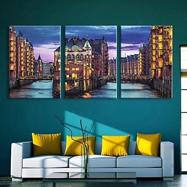 E-HOME Stretched LED Canvas Print Art Water City LED Flashing Optical Fiber Print Set of 3