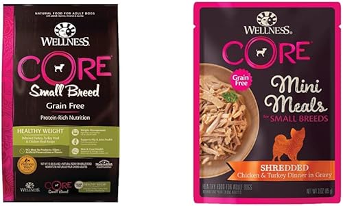 Wellness CORE - Alimento seco natural sin cereales para perros, peso saludable para razas pequeñas, bolsa de 12 libras + mini comidas cubiertas de