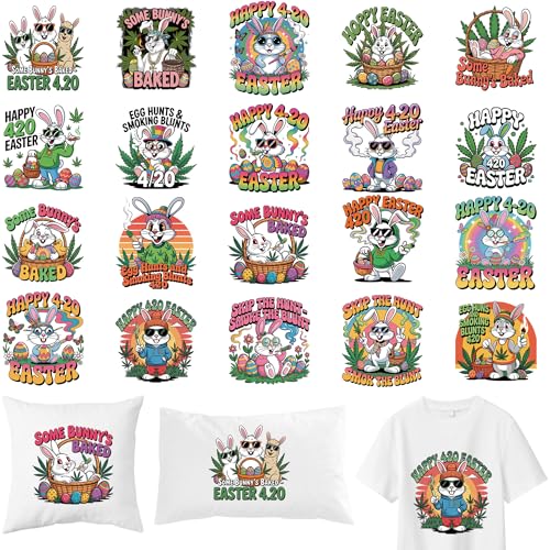 20 Sheets Easter Iron on Transfers for T-Shirts, Happy 420 Easter Bunny Smoking DTF Transfers Ready to Press Heat Transfers Vinyl, Iron on Patches for Clothes Bag Pillow Covers DIY Crafts